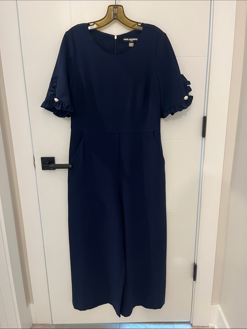 Karl Lagerfeld Navy Ruffle-Sleeve Jumpsuit with Pearl Buttons